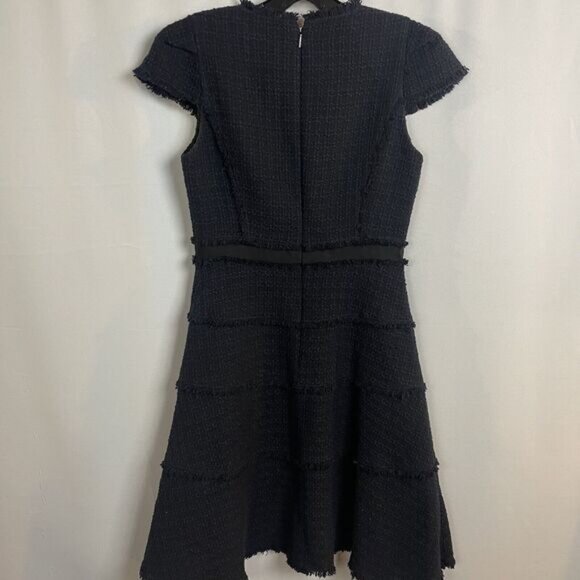 Rebecca Taylor Navy/Black Tiered Tweed Knit Fit & Flare Cap Sleeve Dress 4 - Picture 4 of 13